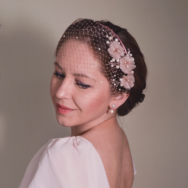 Pink Fascinator, Birdcage Veil, Bridal Headpiece, Cherry Blossom, Short Veil, Blush Pink Veil,  Flower Headband,Pink , Wedding Fascinator,