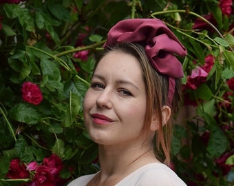 Ruffle knot headband in raspberry pink. Statement headband, pink hair fascinator with a vintage turban style look.