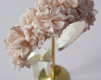 Light Pink Bridal Floral Headpiece - Floral Wedding Crown with Birdcage Veil