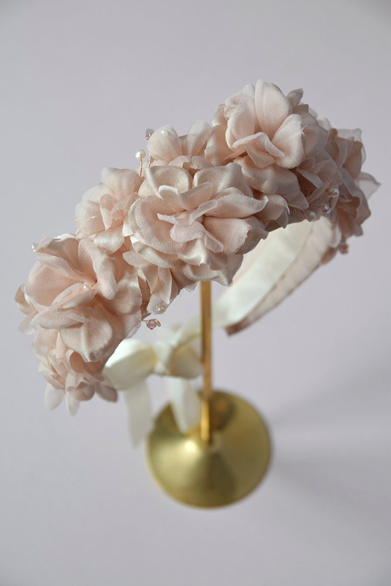 Light Pink Bridal Floral Headpiece Floral Wedding Crown with Birdcage Veil image 1