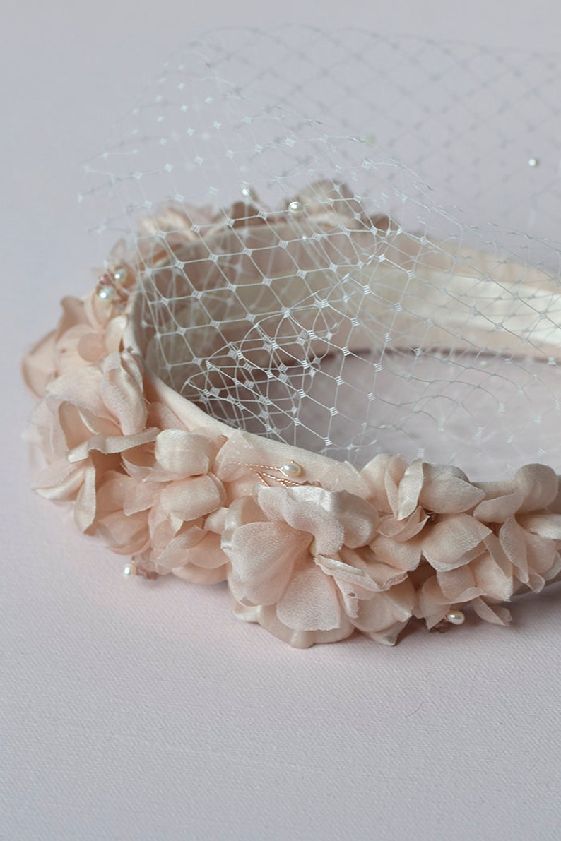 Light Pink Bridal Floral Headpiece Floral Wedding Crown with Birdcage Veil image 8