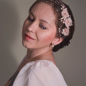 Pink Fascinator, Birdcage Veil, Bridal Headpiece, Cherry Blossom, Short Veil, Blush Pink Veil, Flower Headband,Pink , Wedding Fascinator, image 5