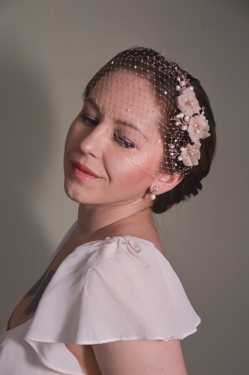 Pink Fascinator, Birdcage Veil, Bridal Headpiece, Cherry Blossom, Short Veil, Blush Pink Veil, Flower Headband,Pink , Wedding Fascinator, image 5