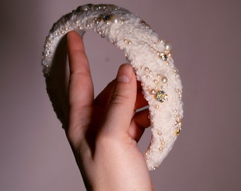 White Headband With Pearls And Crystals For Winter Weddings