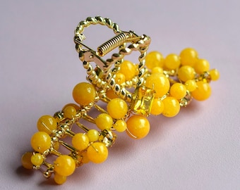 Yellow Hair Claw Clips,  Hair Claw,Hair claw with beads, Gold Metal Hair Claw, Yellow Hair Accessories, Hair Jewelry,