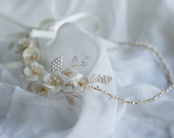 Floral Wedding Headpiece. Blossom Bridal Hair Vine Porcelain Flowers