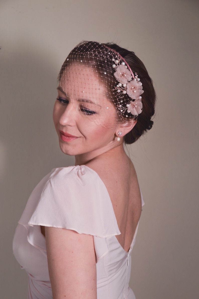 Pink Fascinator, Birdcage Veil, Bridal Headpiece, Cherry Blossom, Short Veil, Blush Pink Veil, Flower Headband,Pink , Wedding Fascinator, image 1