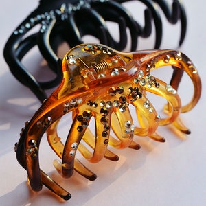 Large Hair Claw Clip With Crystals. Black and Leopard