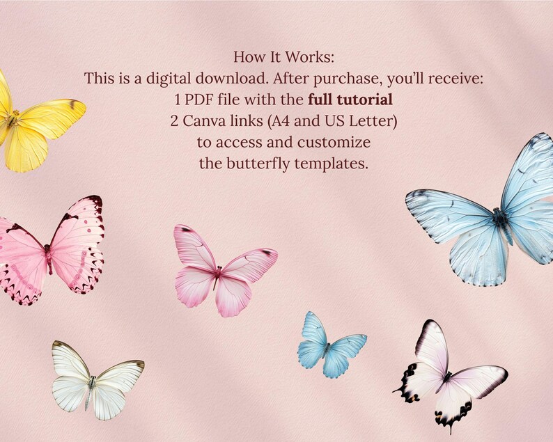May include: A digital download graphic with various butterflies in shades of yellow, pink, and blue against a soft pink background. Text reads: "How It Works: This is a digital download..." and describes the included files.