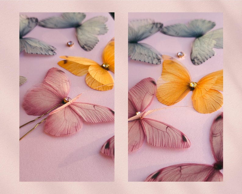 May include: A collection of delicate butterfly hair pins in shades of pink, yellow, and blue. Each butterfly has intricate wing details and a sparkling gem center. The pins are arranged on a soft pink surface, creating a whimsical and elegant aesthetic.