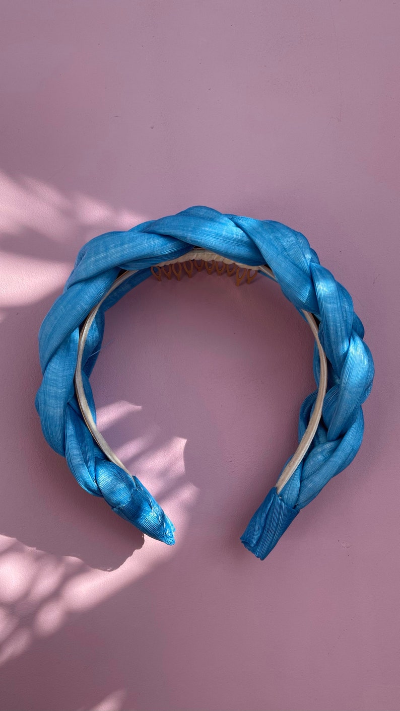 Braided Headband, Hair Fascinator, Light Blue Headband, Silk Abaca Headband, Blue Fascinator, Padded Headband, Flette Hårbøyle, Hårpynt image 2