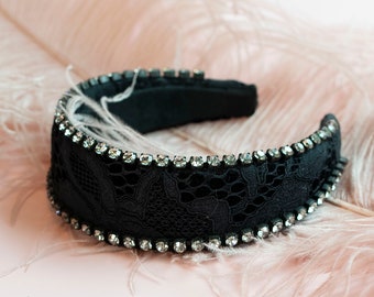 Black Padded Headband with lace and crystals.