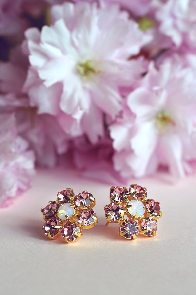 Floral Earrings, Cluster Earrings, Swarovski Earrings, Bridal Earrings, Flower Earrings, Blush Pink Earrings, Blossom Earrings image 1