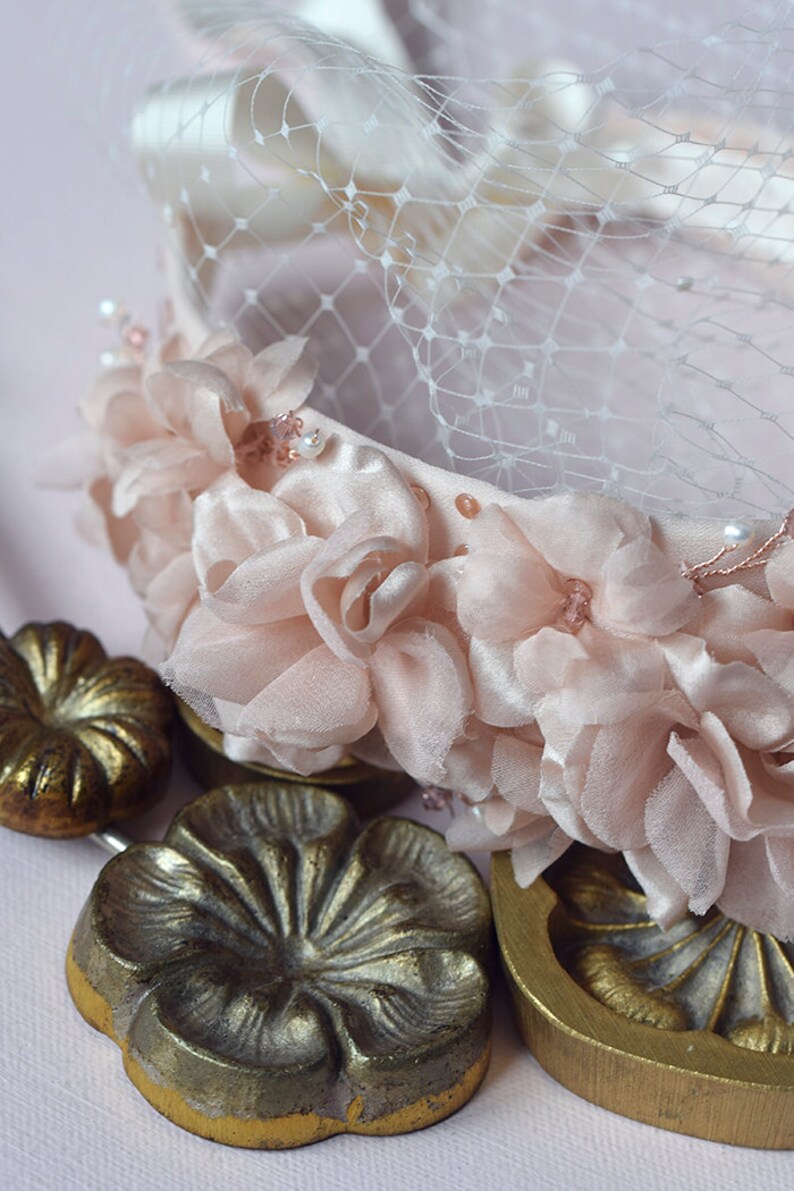 Light Pink Bridal Floral Headpiece Floral Wedding Crown with Birdcage Veil image 9