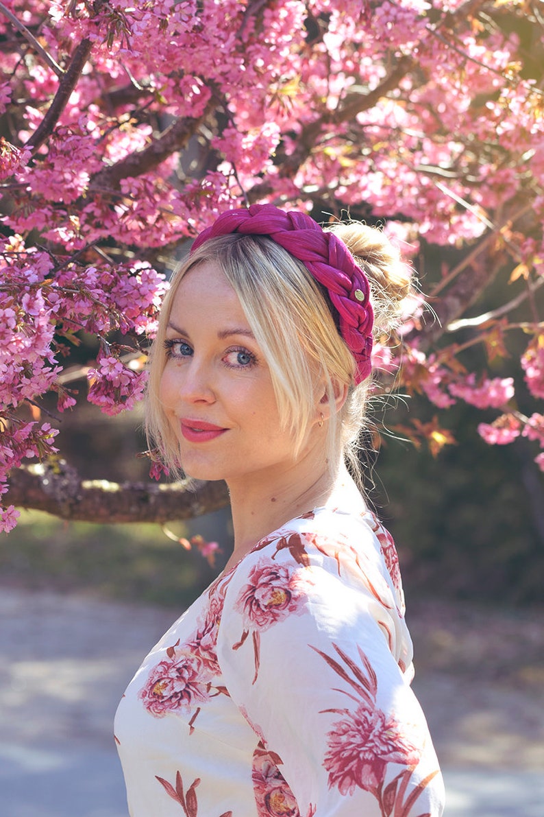 Fuchsia Pink Braided Headband Pink Birdcage Veil Facinator Silk Abaca Headband image 1