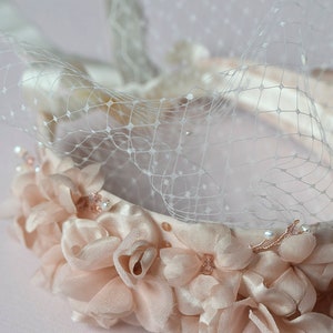 Light Pink Bridal Floral Headpiece Floral Wedding Crown with Birdcage Veil image 2