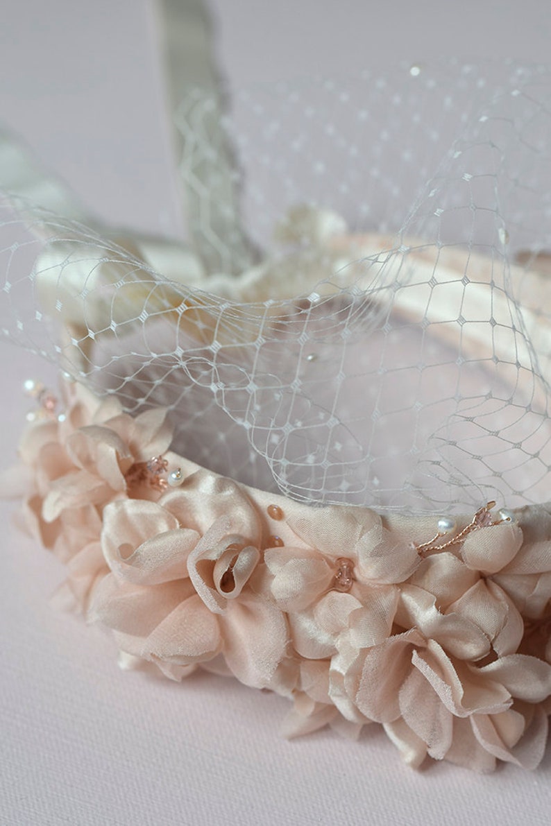 Light Pink Bridal Floral Headpiece Floral Wedding Crown with Birdcage Veil image 2