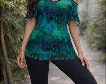Chiffon top, Off Shoulder Boho Bluse – Türkisgrüne top, abstraktes Print Top für Damen – Chiffon T Shirt, Sommer Top Tunika, Chiffon Bluse