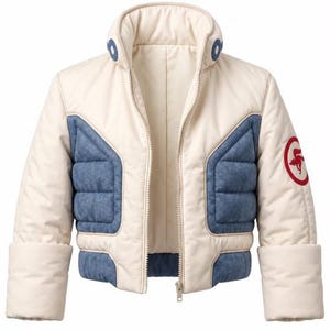 May include: A cream-colored zip-up jacket featuring blue quilted side panels, a high collar with blue circular accents, and a red circular patch on the left sleeve depicting a stylized animal silhouette. The jacket has long sleeves with wide cuffs.