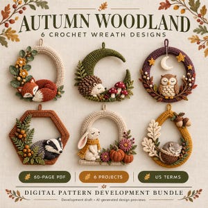 Op de afbeelding: Een digitaal patroonpakket getiteld AUTUMN WOODLAND 6 CROCHET WREATH DESIGNS met zes gehaakte kransen met bosdieren zoals een vos, egel, uil, das, konijn en eekhoorn, inclusief tekst voor een 60-pagina PDF en Amerikaanse termen.