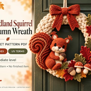 May include: A crochet pattern PDF titled Woodland Squirrel Autumn Wreath featuring a 36-page digital guide with US terms. The image displays a cream-colored wreath adorned with a crocheted squirrel, red and orange leaves, acorns, and mushrooms.