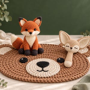 May include: A crocheted brown bear-shaped mat featuring a cream-colored muzzle and black nose. Sitting on the mat is a small orange and white crocheted fox toy, alongside a beige crocheted fox-shaped rattle with embroidered closed eyes.
