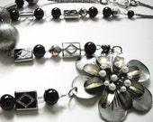Flower Pendant, Black Beaded Necklace, Silver Pewter Necklace, Floral Necklace, Recycled Assemblage Jewelry, Art Deco, Crystal Bead Necklace