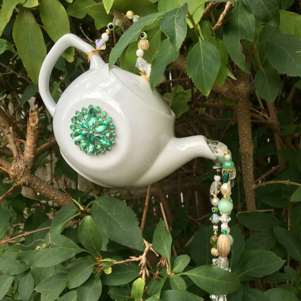 Tea Pot Garden Art, Hanging Tea Pot Ornament, Repurposed Vintage Tea Pot Mobile, Recycled Ceramic Art, Beaded Crystal Sun Catcher, Gift Idea