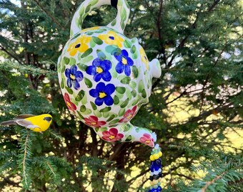 Floral Tea Pot Kitchen Decoration, Outdoor Garden Tea Pot, Hanging Yard Art, Upcycled Pot Pouring Beads, Blue Yellow Pink Tea Party Decor