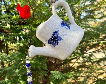 Watering Can Garden Decoration, Blue White Ceramic Watering Can, Pot Pouring Beads, Bridal Shower Centerpiece, Upcycled Outdoor Decor, Gift