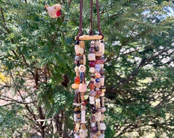 Wood Bead Mobile, Wind Chime, Hanging Garden Yard Decoration, Sun Catcher, Upcycled Junk Jewelry Art, Hippie Boho Home Decor, Window Pendant