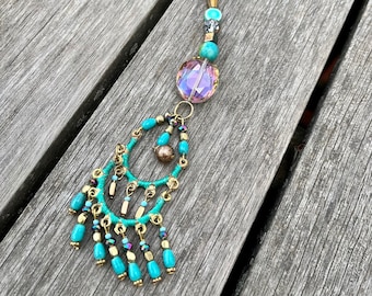 Turquoise Purple Crystal Sun Catcher, Hanging Bead Pendant, Window Charm Decoration, Ornament, Repurposed Upcycled Jewelry, Boho Home Decor