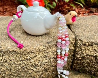 Mini Tea Pot Garden Decoration, Pink White Tea Pot Ornament, Pouring Beads, Kitchen Decor, Upcycled Tea Pot, Tea Pot Art, Tea Lover Gifts
