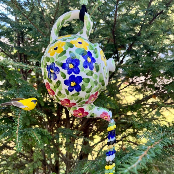 Floral Tea Pot Kitchen Decoration, Outdoor Garden Tea Pot, Hanging Yard Art, Upcycled Pot Pouring Beads, Blue Yellow Pink Tea Party Decor