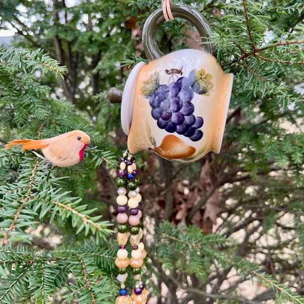 Hanging Garden Decoration, Pot Pouring Beads, Upcycled Vintage Creamer, Fruit Kitchen Decor, Tea Pot Art, Window Charm, Mother’s Day Gifts