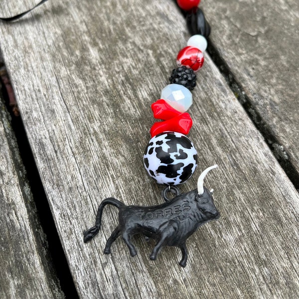 Black Bull Ornament, Taurus, Toro Spanish Bull Figurine, Upcycled Repurposed, Car Mirror Charm, Window Pendant, Hanging Beads, Zodiac Gift