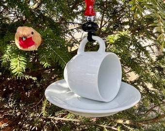 Upcycled Tea Cup Bird Feeder, Mini Tea Cup Saucer, Espresso Demitasse Cup, Hanging Garden Decoration, Trinket Dish, Ring Holder, Mom Gifts