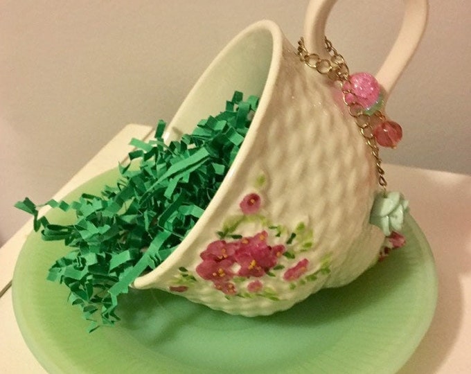 Tea Cup Ring Dish Green Pink Jewelry Tray Potpourri Holder Etsy