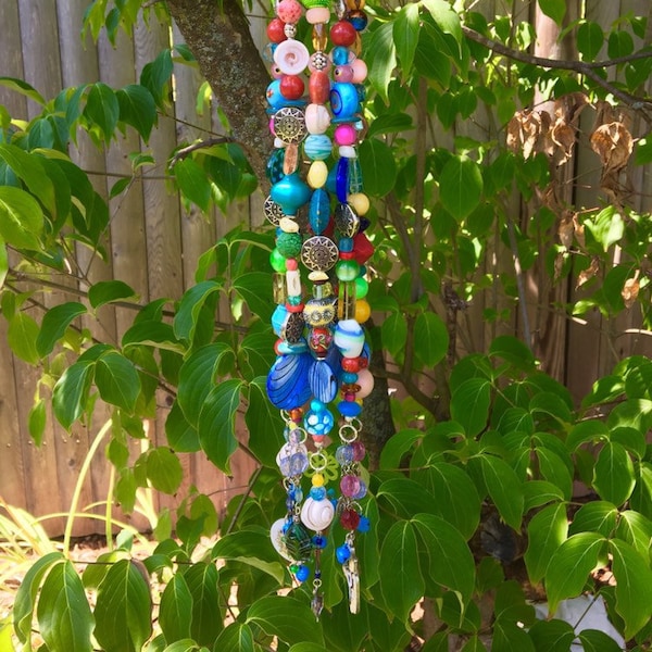 Hanging Bead Wind Chimes, Ocean Beach Decor, Beaded Mobile, Found Object Art, Retro Kitsch, Outdoor Sun Catcher, Upcycled, Funky Art Gift