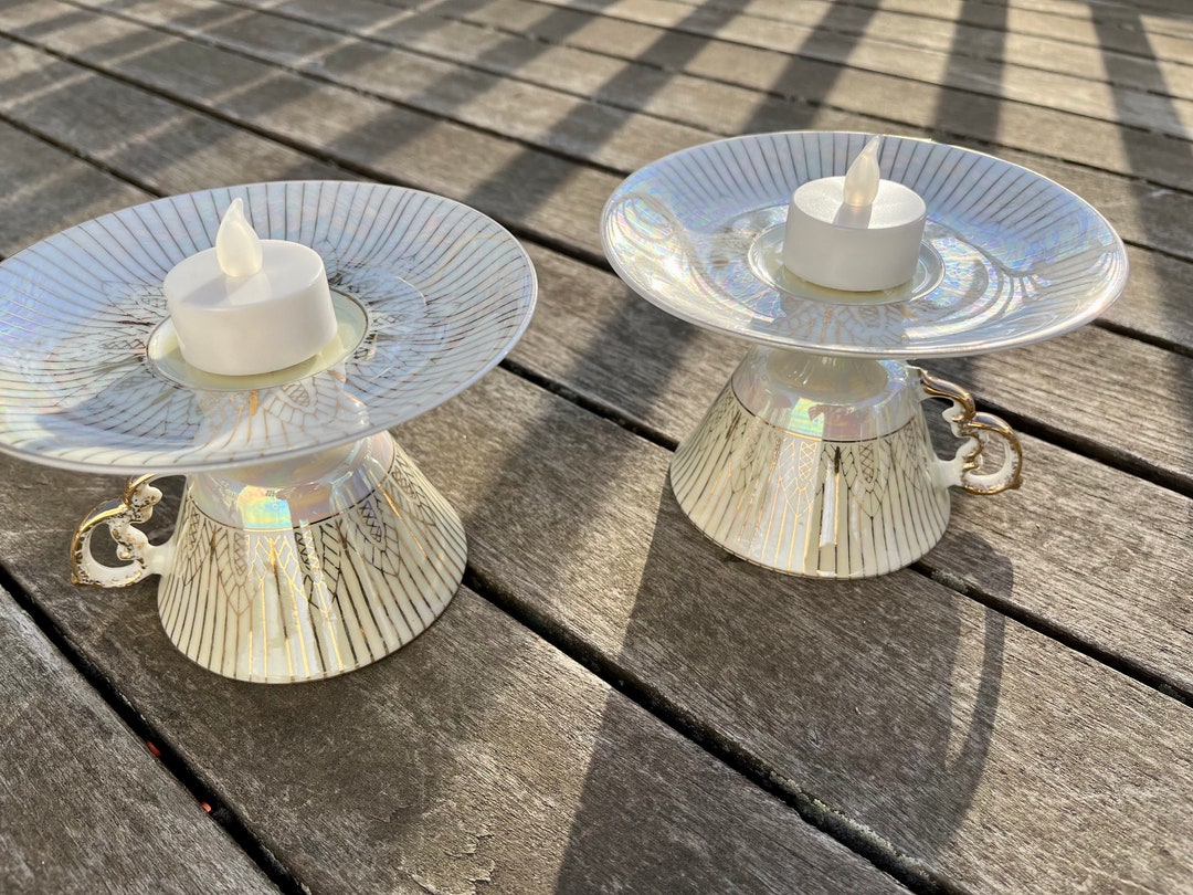 Upcycled Tea Cup Candle Holders, Set of 2 Votive Holders, Gold Vintage Table Decor, Trinket Ring