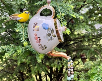 Vintage Mini Tea Pot Garden Decoration, Plant Hook Ornament, Pouring Beads Pot, Kitchen Decor, Upcycled Blue Gold Tea Pot, Tea Party Theme