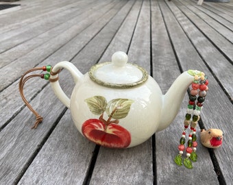 Teacher Appreciation Gift, Red Apple Tea Pot, Tea Pot Garden Decoration, Hanging Kitchen Decor, Upcycled Tea Pot Pouring Beads, Tea Party