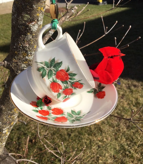 Red Rose Tea Cup Bird Feeder Valentine S Day Gift Etsy
