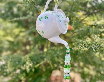 Green White Shamrock Tea Pot, Upcycled Hanging Garden Decoration, Tea Party, Pot Pouring Beads, Irish Gift, Home Decor, Kitchen Decoration