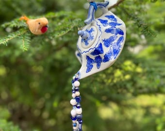 Blue White Tea Pot Garden Decoration, Kitchen Decor, Asian Aladdin Genie Lamp, Upcycled Vintage Tea Pot, Pouring Beads Pot, Hanging Yard Art