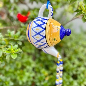 Yellow Blue Tea Pot Garden Decoration, Hanging Tea Pot Pouring Beads, Upcycled Kitchen Tea Pot, Sun Catcher, Porch Patio Decor, Gift for Her