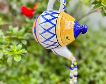 Yellow Blue Tea Pot Garden Decoration, Hanging Tea Pot Pouring Beads, Upcycled Kitchen Tea Pot, Sun Catcher, Porch Patio Decor, Gift for Her