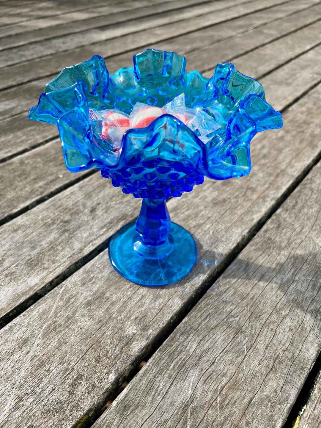 Vintage Fenton Blue Glass Pedestal Bowl, Ruffled Edge Hobnail Pattern ...