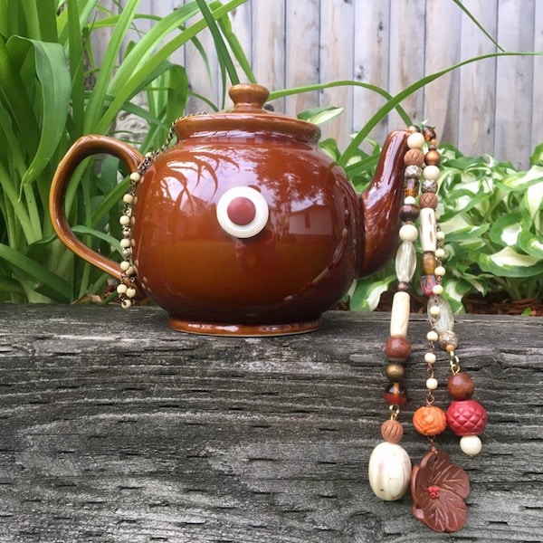 Brown Ceramic Tea Pot Mobile, Tea Pot Wind Chime, Outdoor Garden Decoration, Cottage Chic, Kitchen Art, Tea Party Decor, Repurposed Upcycled