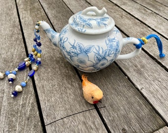 White Blue Tea Pot Garden Decoration, Kitchen Decor, Floral Asian Tea Pot, Upcycled Tea Pot, Pouring Beads Pot, Hanging Yard Art, Gift Ideas